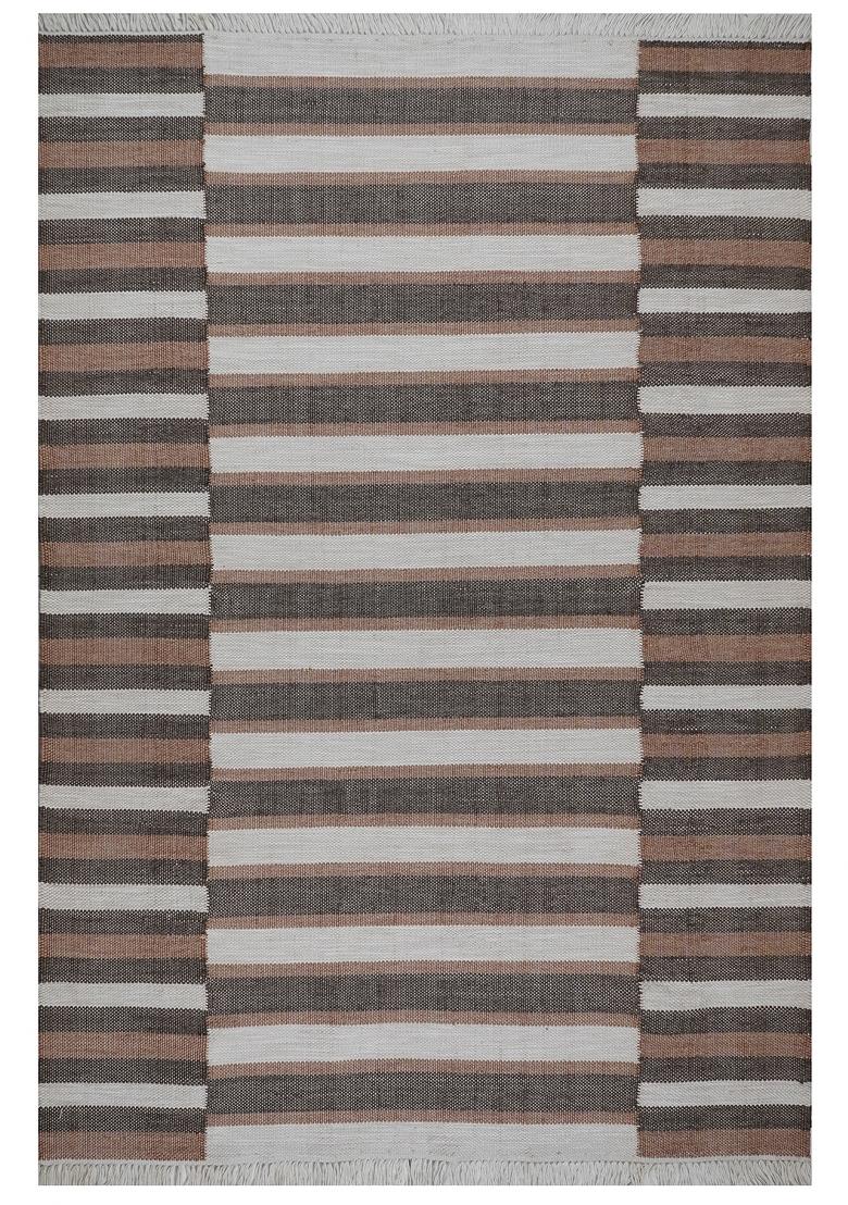 Saffron Rugs Flat Woven Cream And Brown Striped Contemporary Rectangular Wool Area Rug - Indya