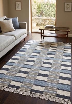 Saffron Rugs Flat Woven Blue Grey Geometric Scandinavian Rectangular Wool Area Rug