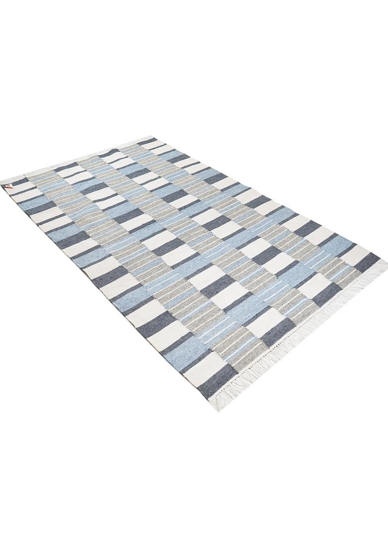 Saffron Rugs Flat Woven Blue Grey Geometric Scandinavian Rectangular Wool Area Rug - Indya