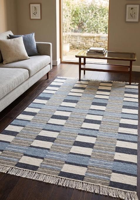 Saffron Rugs Flat Woven Blue Grey Geometric Scandinavian Rectangular Wool Area Rug