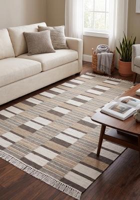 Saffron Rugs Flat Woven Beige and Brown Geometric Scandinavian Rectangular Wool Area Rug