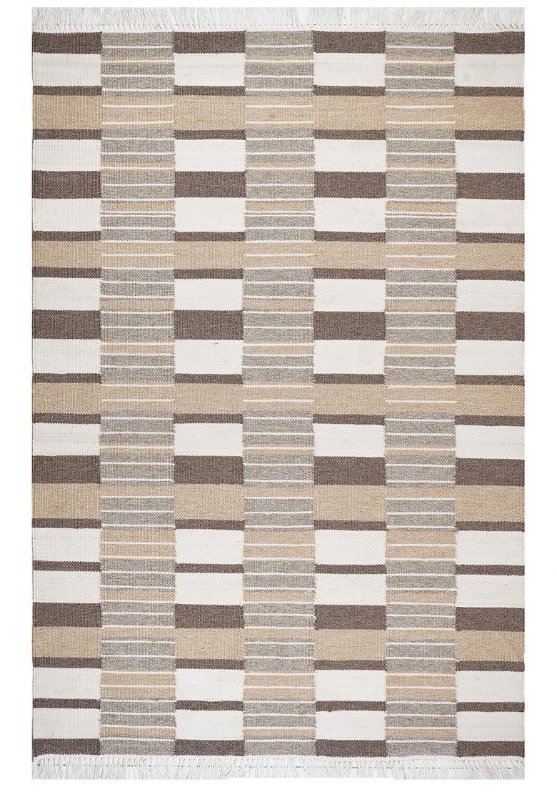Saffron Rugs Flat Woven Beige and Brown Geometric Scandinavian Rectangular Wool Area Rug - Indya