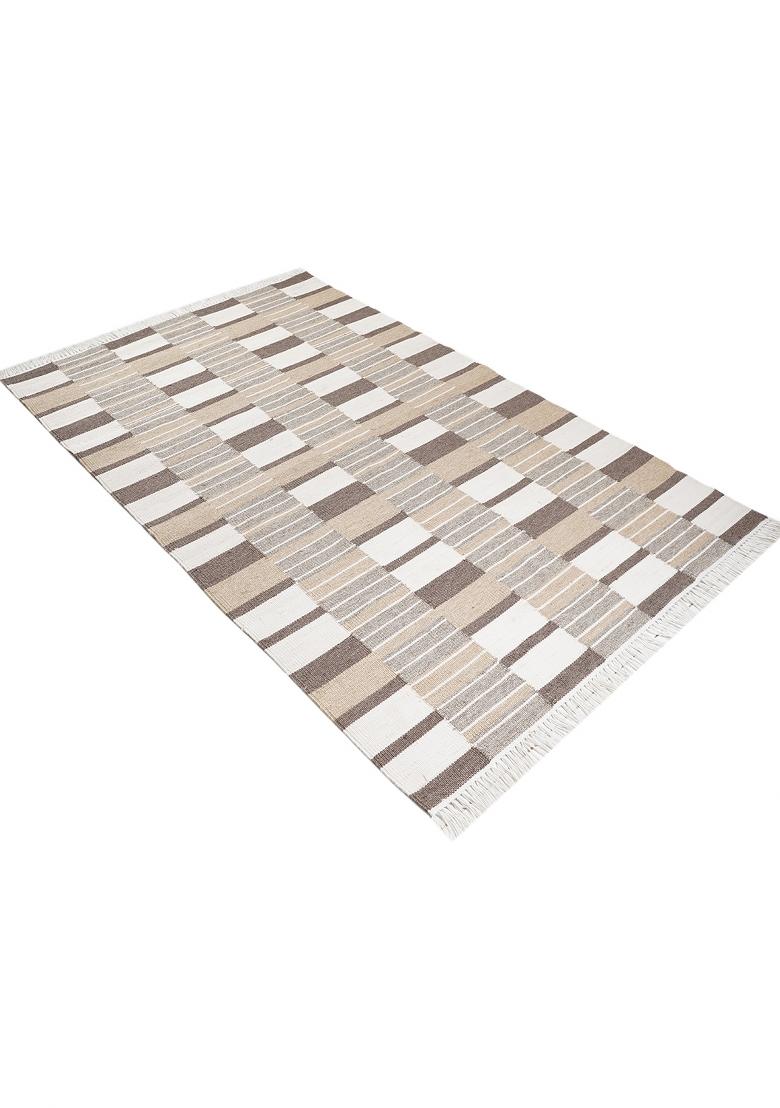 Saffron Rugs Flat Woven Beige and Brown Geometric Scandinavian Rectangular Wool Area Rug - Indya