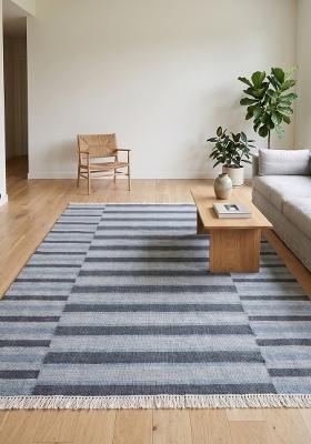 Saffron Rugs Flat Woven Blue Grey Striped Scandinavian Rectangular Wool Area Rug