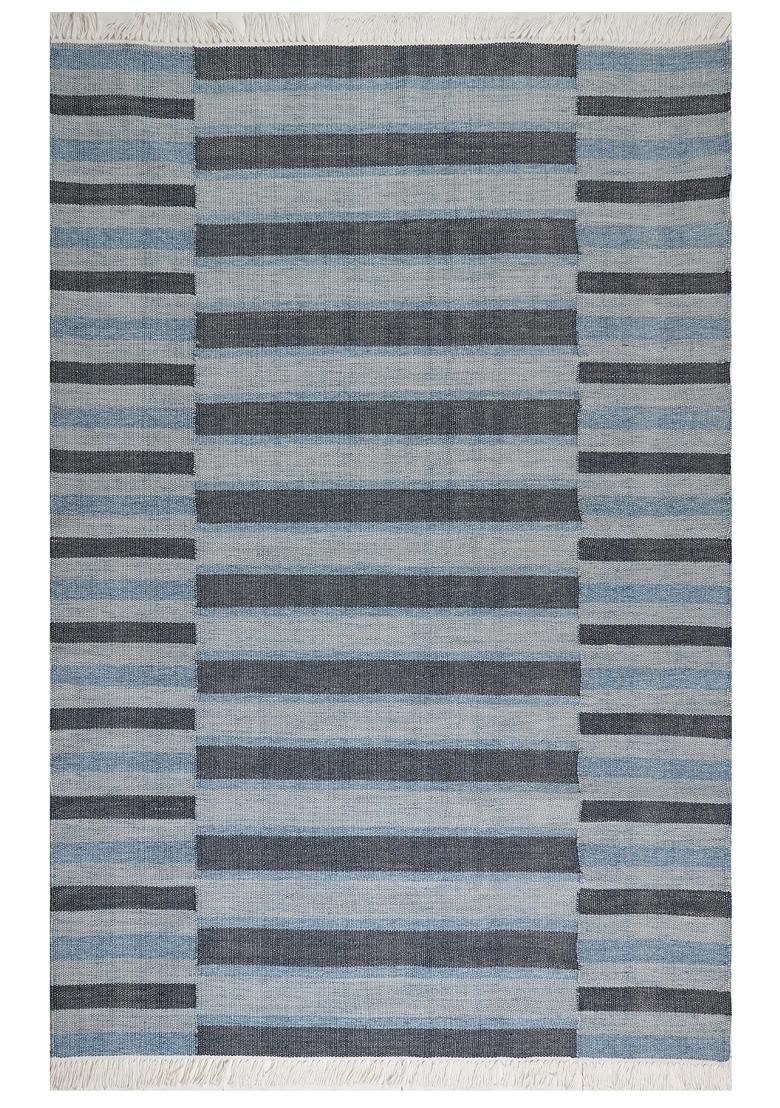 Saffron Rugs Flat Woven Blue Grey Striped Scandinavian Rectangular Wool Area Rug - Indya