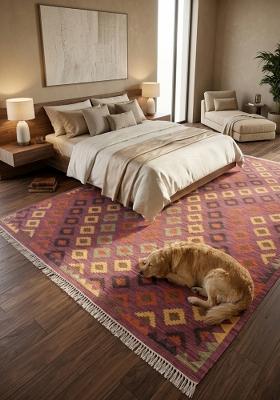 Saffron Rugs Handmade Wool Dhurrie Flat Weave Rectangular Rug – Wine Purple Bohemian Geometric Kilim Style Carpet for Living Room