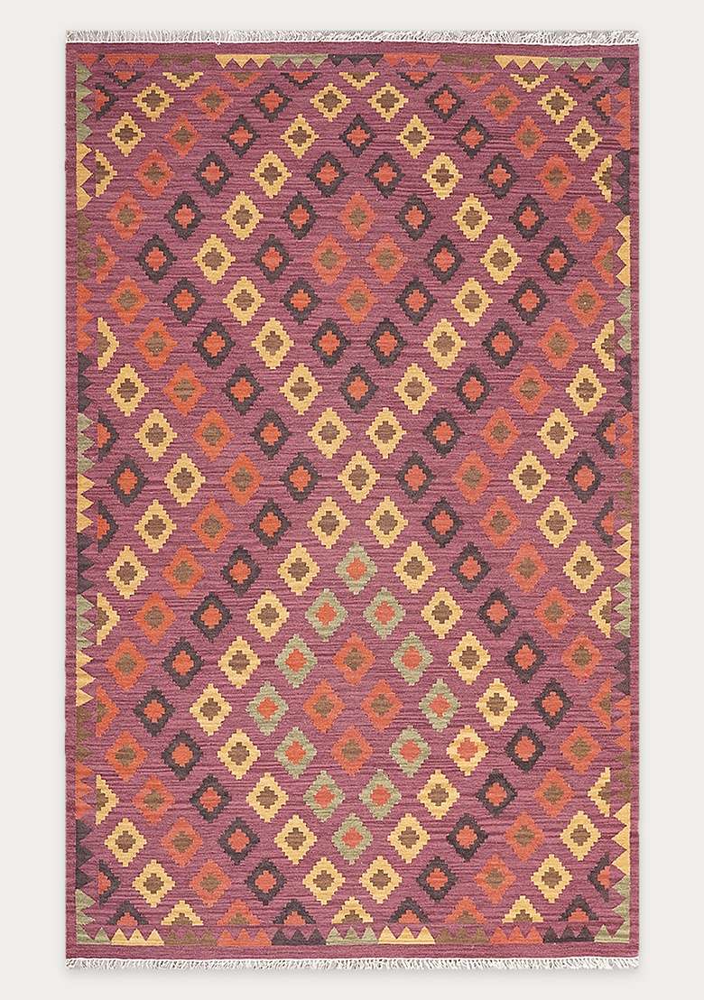 100% Wool Handmade Wine Purple Rug | Bohemian Geometric Flat Weave Reversible Carpet For Living Room - Indya