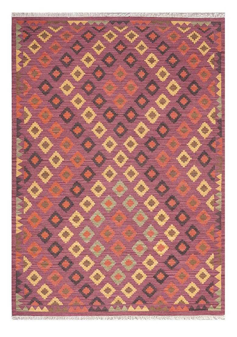 Saffron Rugs Flat Woven Wine Purple Geometric Bohemian Rectangular Wool Area Rug - Indya