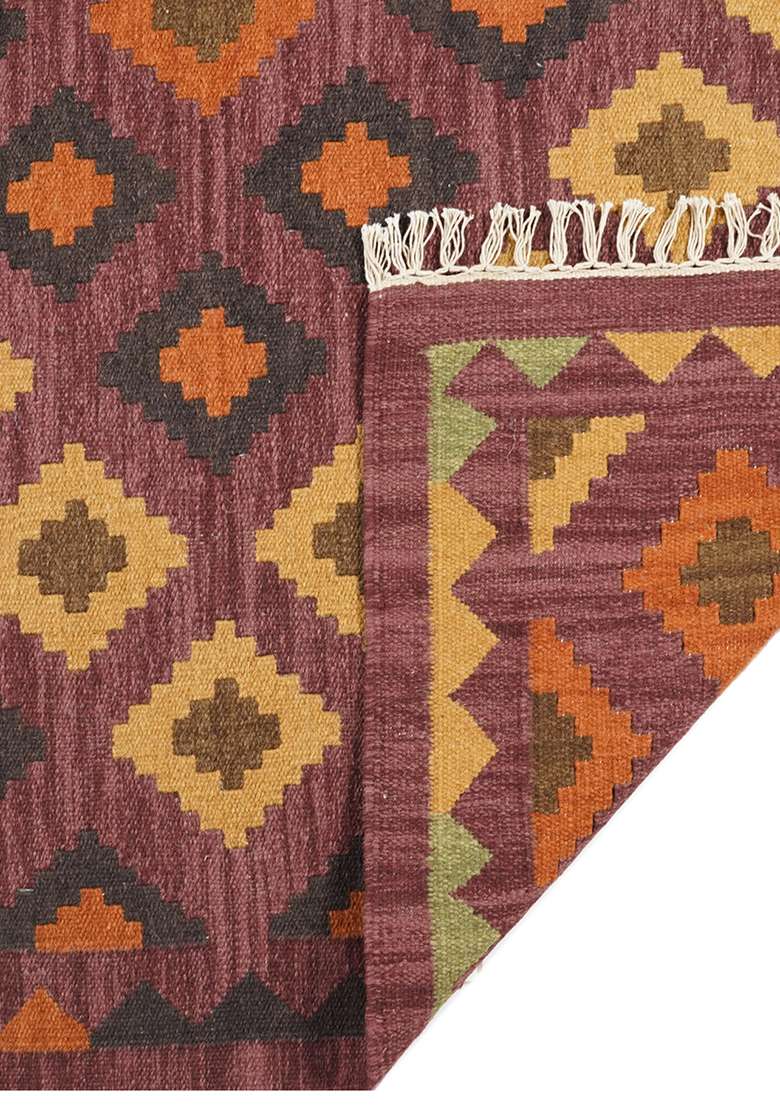 100% Wool Handmade Wine Purple Rug | Bohemian Geometric Flat Weave Reversible Carpet For Living Room - Indya