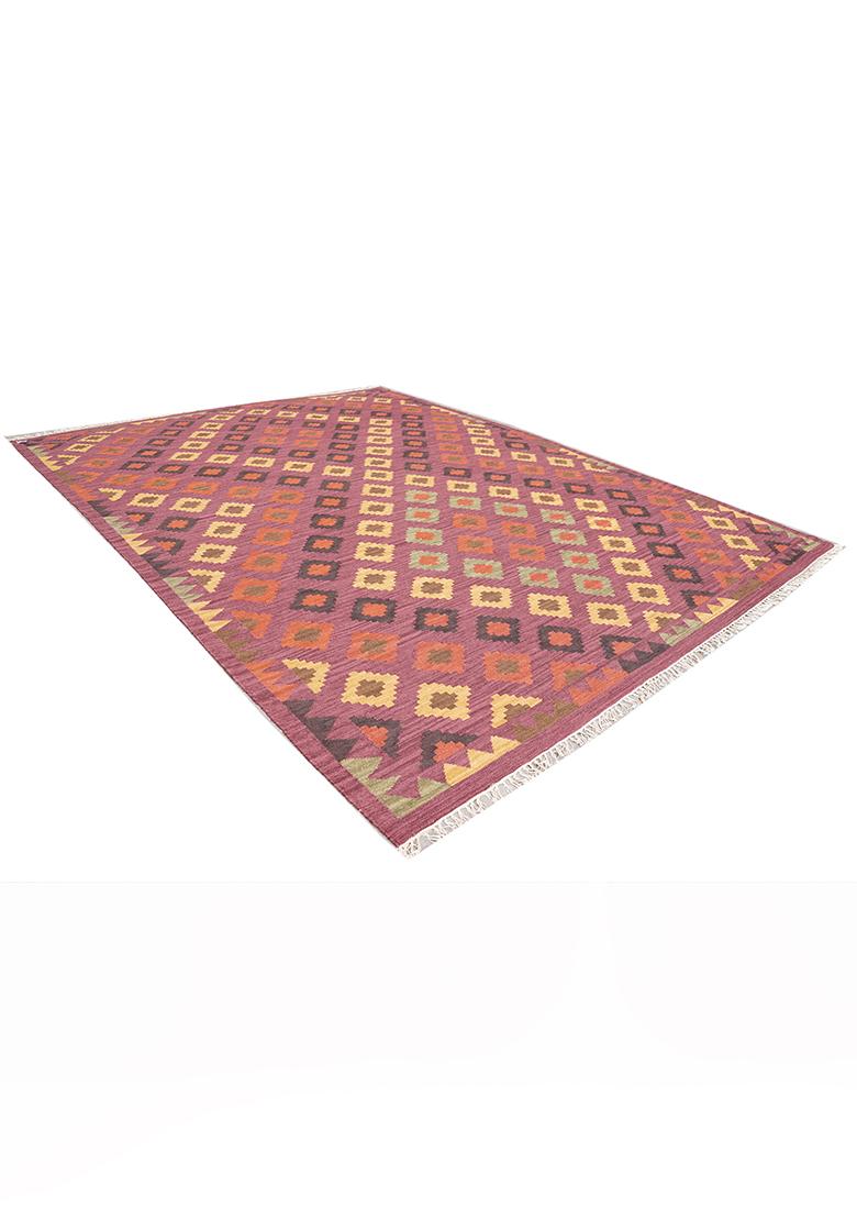 Saffron Rugs Flat Woven Wine Purple Geometric Bohemian Rectangular Wool Area Rug - Indya