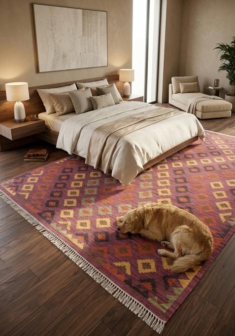 Saffron Rugs Flat Woven Wine Purple Geometric Bohemian Rectangular Wool Area Rug