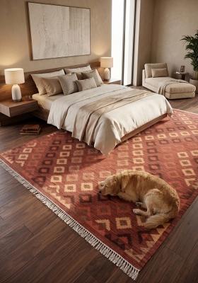 Saffron Rugs Flat Woven Terracotta Red Geometric Bohemian Rectangular Wool Area Rug