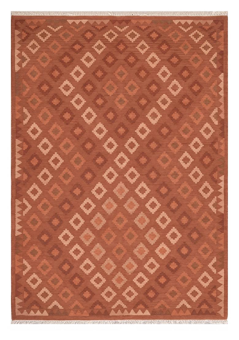 Saffron Rugs Flat Woven Terracotta Red Geometric Bohemian Rectangular Wool Area Rug - Indya
