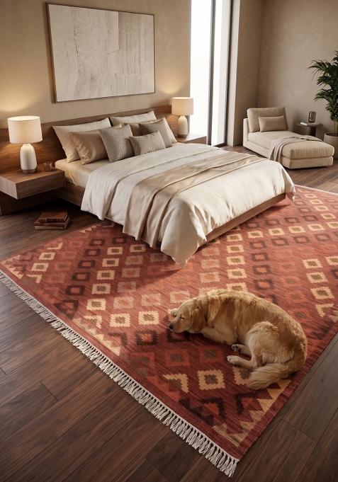 Saffron Rugs Flat Woven Terracotta Red Geometric Bohemian Rectangular Wool Area Rug