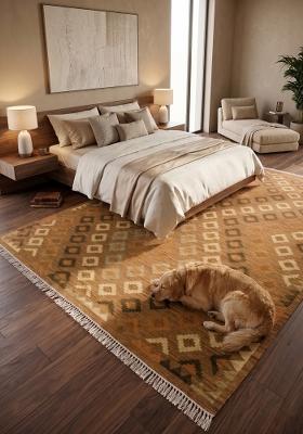 Saffron Rugs Flat Woven Golden Mustard Geometric Bohemian Rectangular Wool Area Rug