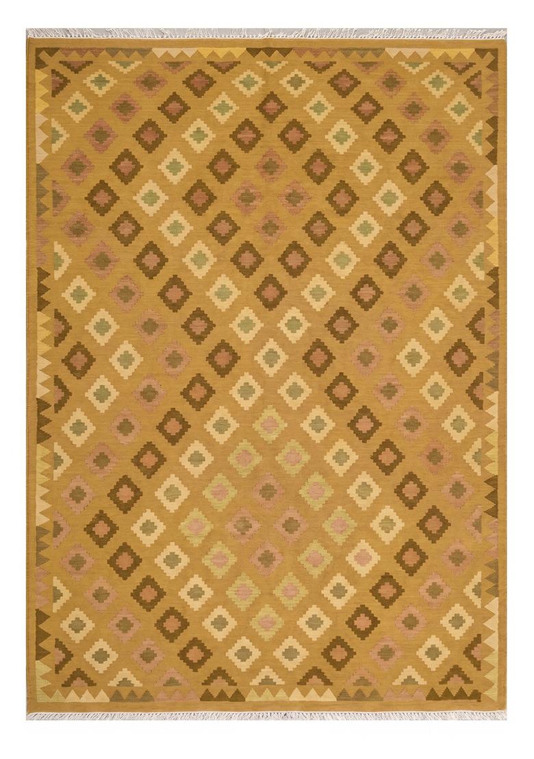 Saffron Rugs Flat Woven Golden Mustard Geometric Bohemian Rectangular Wool Area Rug - Indya
