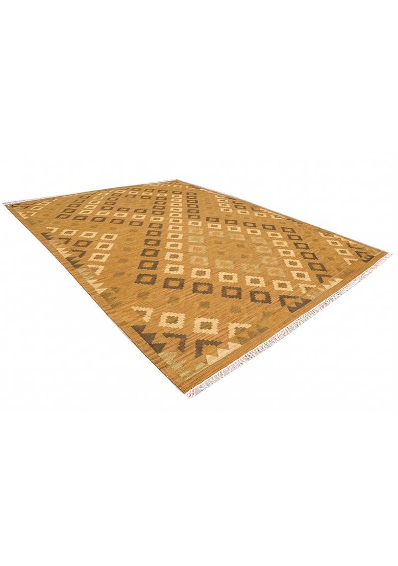 Saffron Rugs Flat Woven Golden Mustard Geometric Bohemian Rectangular Wool Area Rug - Indya