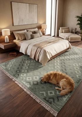 Saffron Rugs Flat Woven Sage Green Geometric Bohemian Rectangular Wool Area Rug