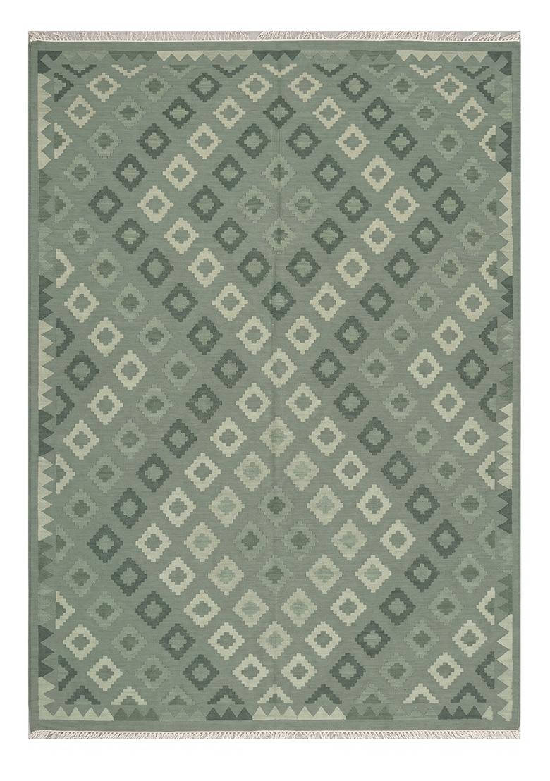Saffron Rugs Flat Woven Sage Green Geometric Bohemian Rectangular Wool Area Rug - Indya