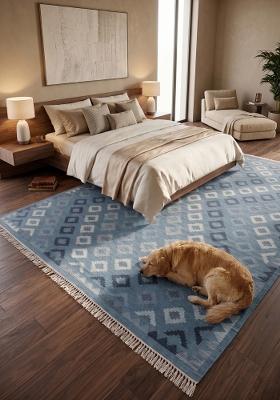 Saffron Rugs Flat Woven Steel Blue Geometric Bohemian Rectangular Wool Area Rug