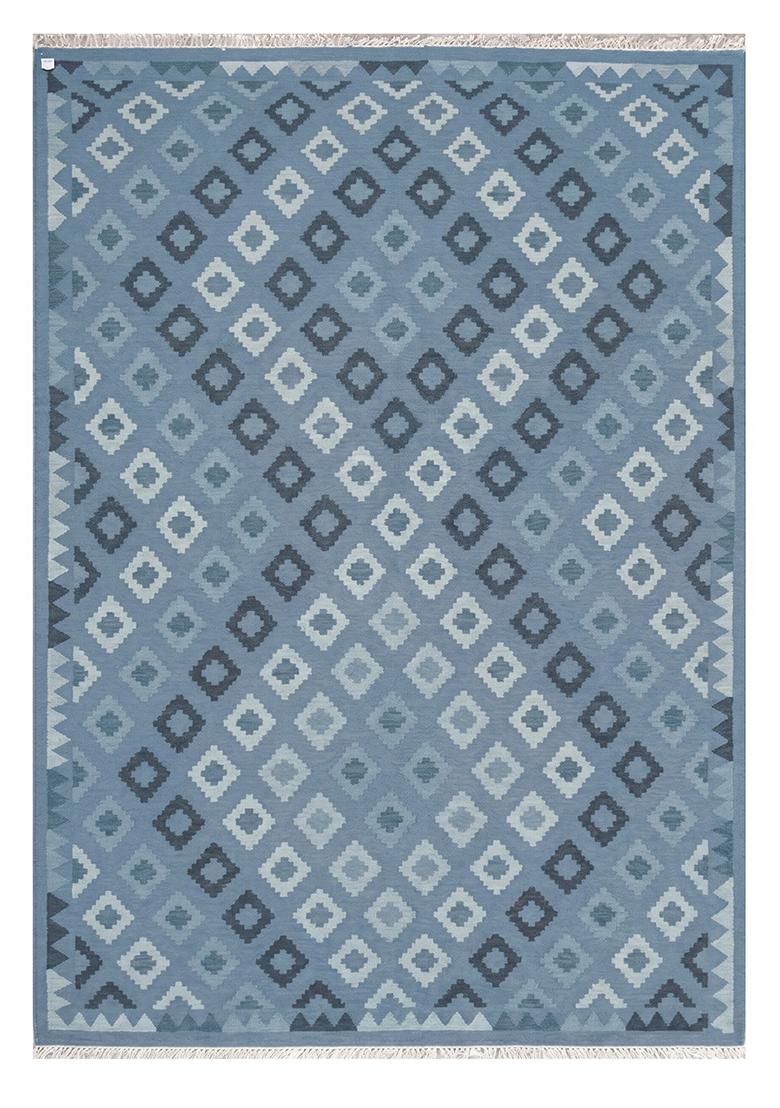 Saffron Rugs Flat Woven Steel Blue Geometric Bohemian Rectangular Wool Area Rug - Indya