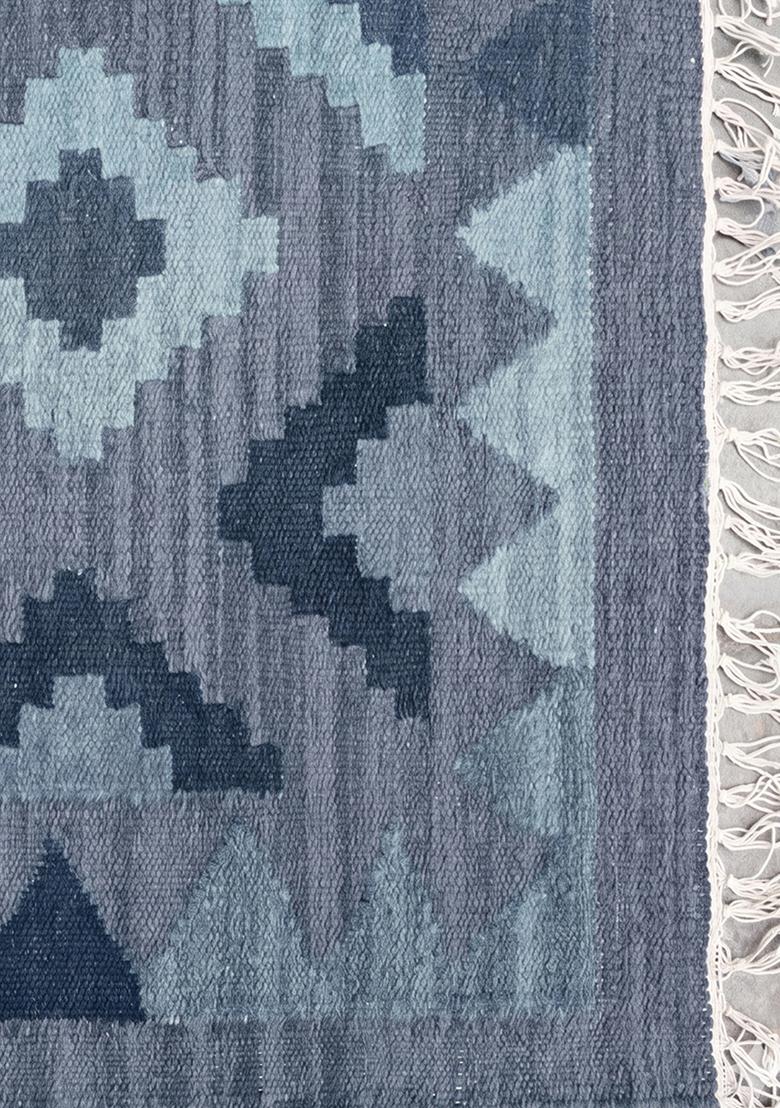 Saffron Rugs Flat Woven Steel Blue Geometric Bohemian Rectangular Wool Area Rug - Indya