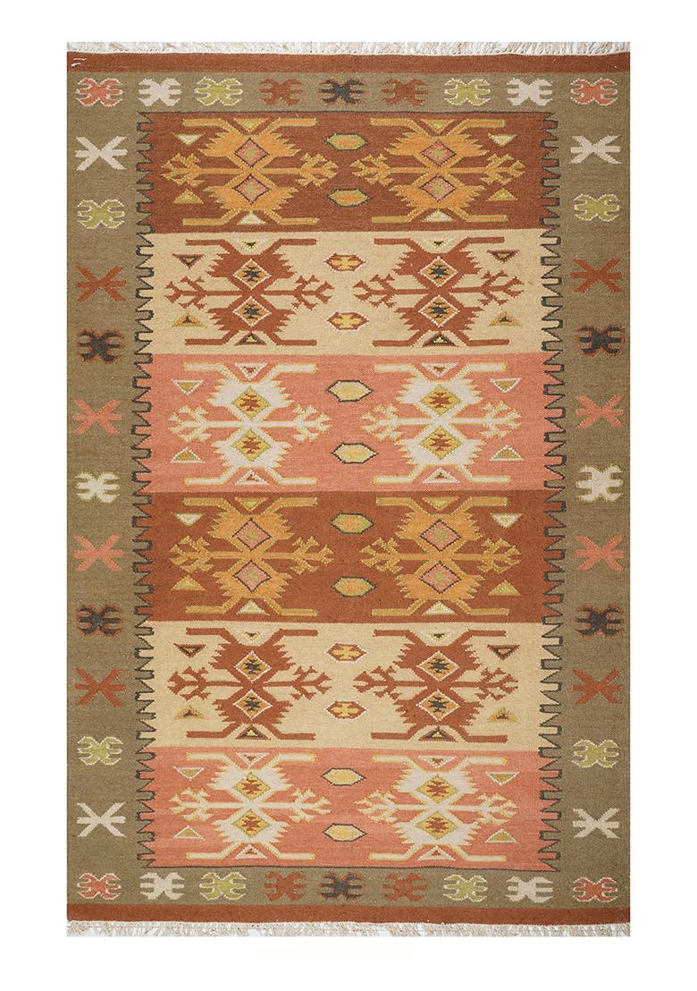 Saffron Rugs Flat Woven Rust Terracotta Geometric Bohemian Rectangular Wool Area Rug - Indya