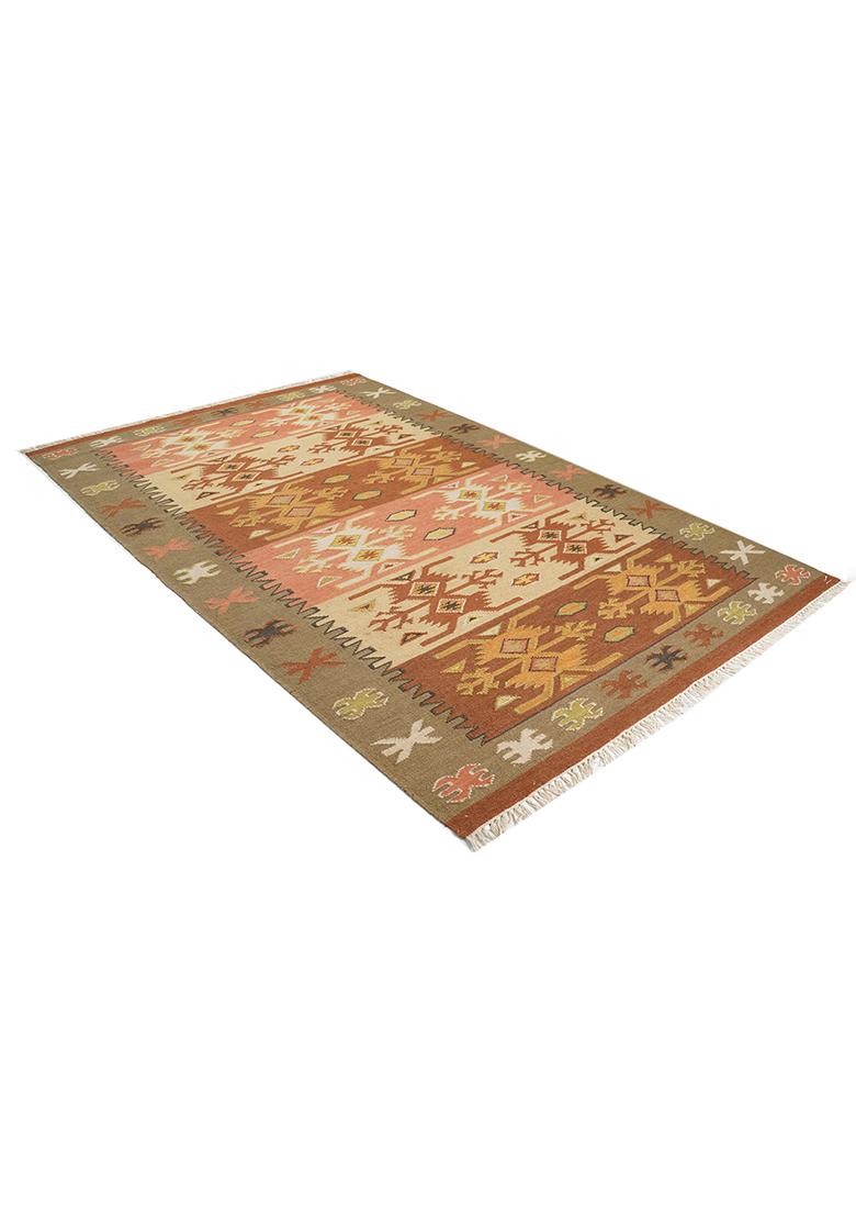 Saffron Rugs Flat Woven Rust Terracotta Geometric Bohemian Rectangular Wool Area Rug - Indya