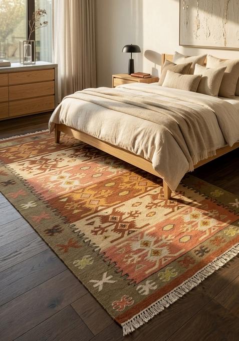 Saffron Rugs Flat Woven Rust Terracotta Geometric Bohemian Rectangular Wool Area Rug