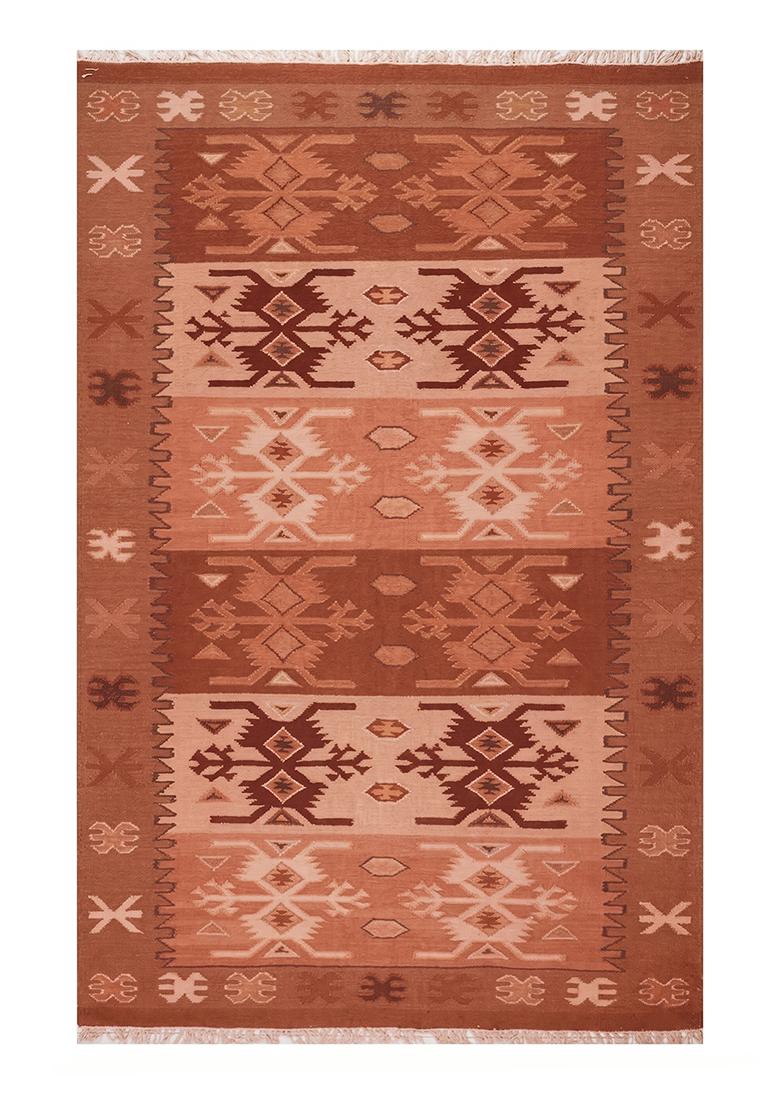 Saffron Rugs Flat Woven Terracotta Orange Geometric Bohemian Rectangular Wool Area Rug - Indya