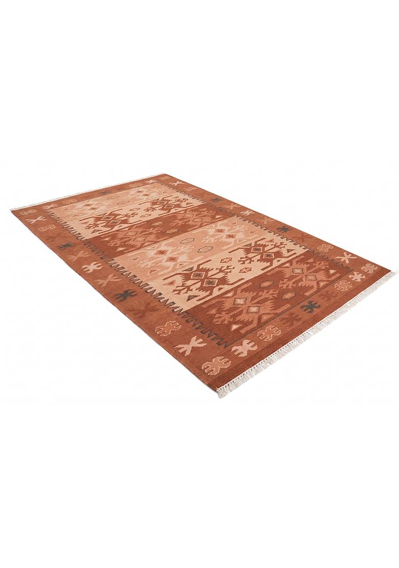 Saffron Rugs Flat Woven Terracotta Orange Geometric Bohemian Rectangular Wool Area Rug - Indya