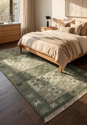 Saffron Rugs Flat Woven Sage Green Geometric Bohemian Rectangular Wool Area Rug