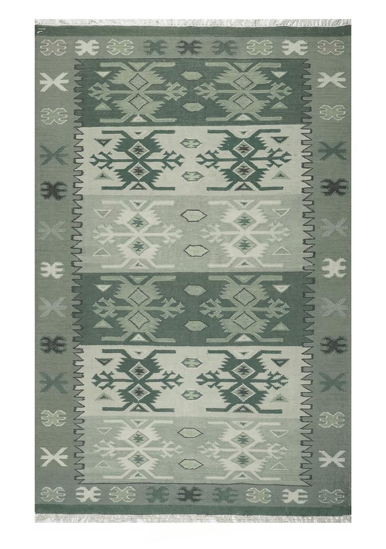 Saffron Rugs Flat Woven Sage Green Geometric Bohemian Rectangular Wool Area Rug - Indya