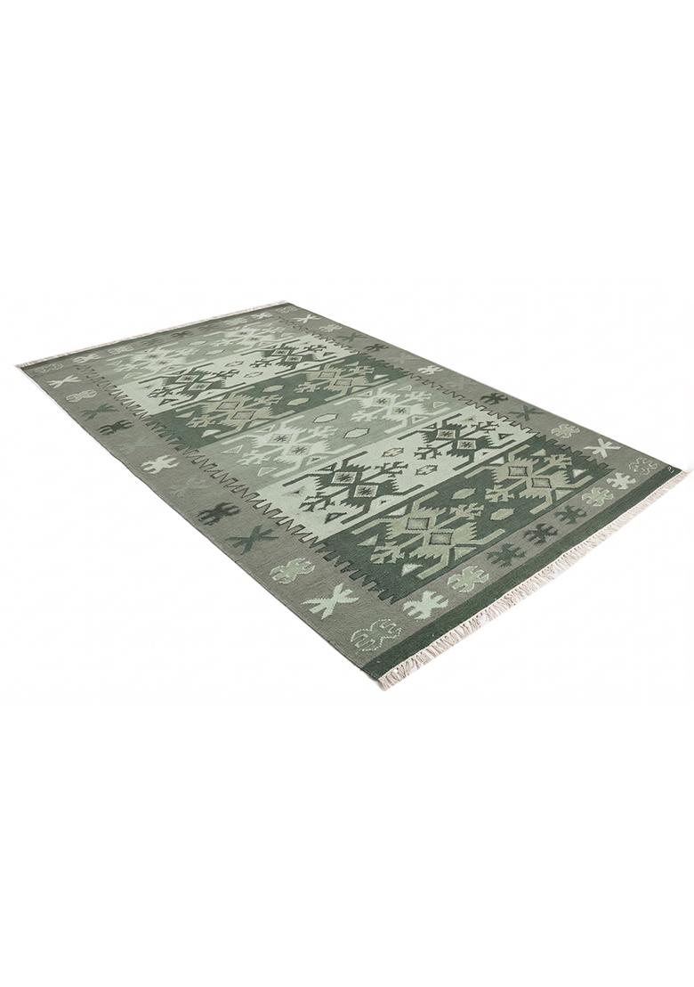 Saffron Rugs Flat Woven Sage Green Geometric Bohemian Rectangular Wool Area Rug - Indya