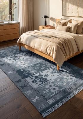 Saffron Rugs Flat Woven Steel Blue Geometric Bohemian Rectangular Wool Area Rug