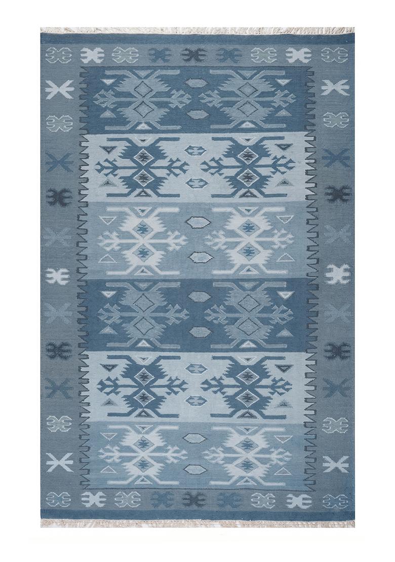 Saffron Rugs Flat Woven Steel Blue Geometric Bohemian Rectangular Wool Area Rug - Indya