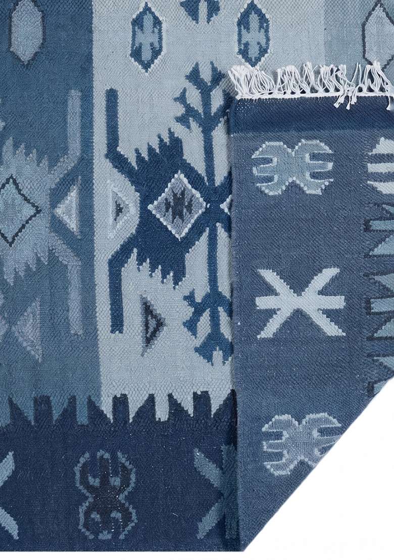 Saffron Rugs Handmade Wool Dhurrie Flat Weave Rectangular Rug – Steel Blue Bohemian Geometric Kilim Style Carpet for Bedroom - Indya