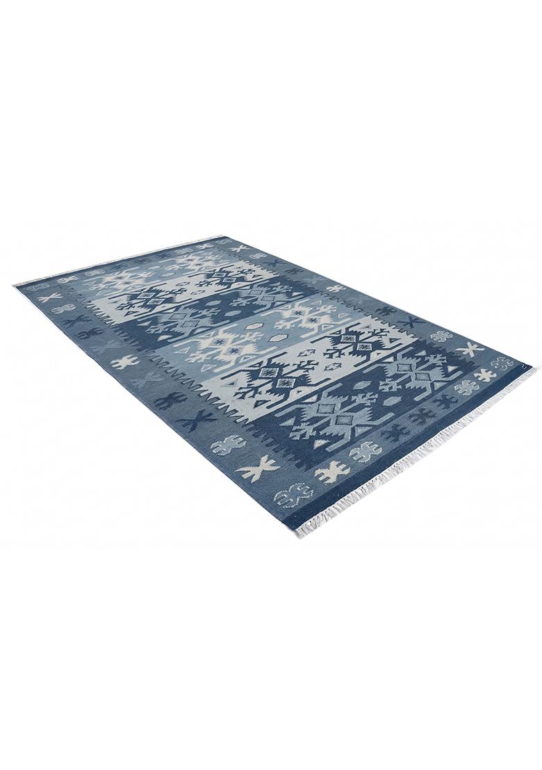 Saffron Rugs Flat Woven Steel Blue Geometric Bohemian Rectangular Wool Area Rug - Indya