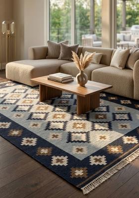 Saffron Rugs Flat Woven Navy Blue Geometric Bohemian Rectangular Wool Area Rug