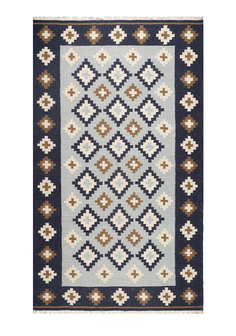 Saffron Rugs Flat Woven Navy Blue Geometric Bohemian Rectangular Wool Area Rug - Indya