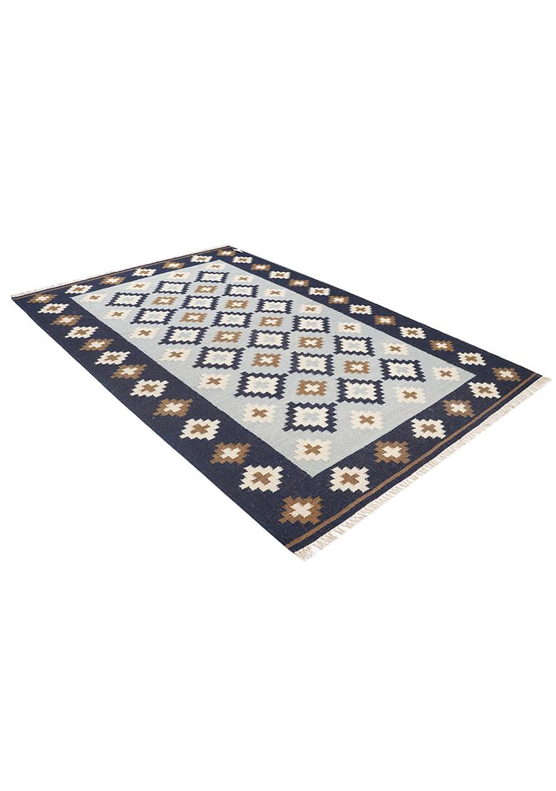Saffron Rugs Flat Woven Navy Blue Geometric Bohemian Rectangular Wool Area Rug - Indya