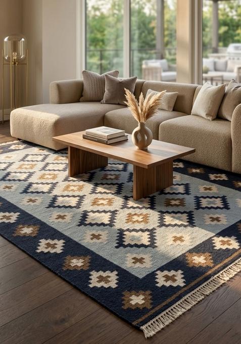 Saffron Rugs Flat Woven Navy Blue Geometric Bohemian Rectangular Wool Area Rug