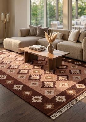 Saffron Rugs Flat Woven Maroon Pink Geometric Bohemian Rectangular Wool Area Rug