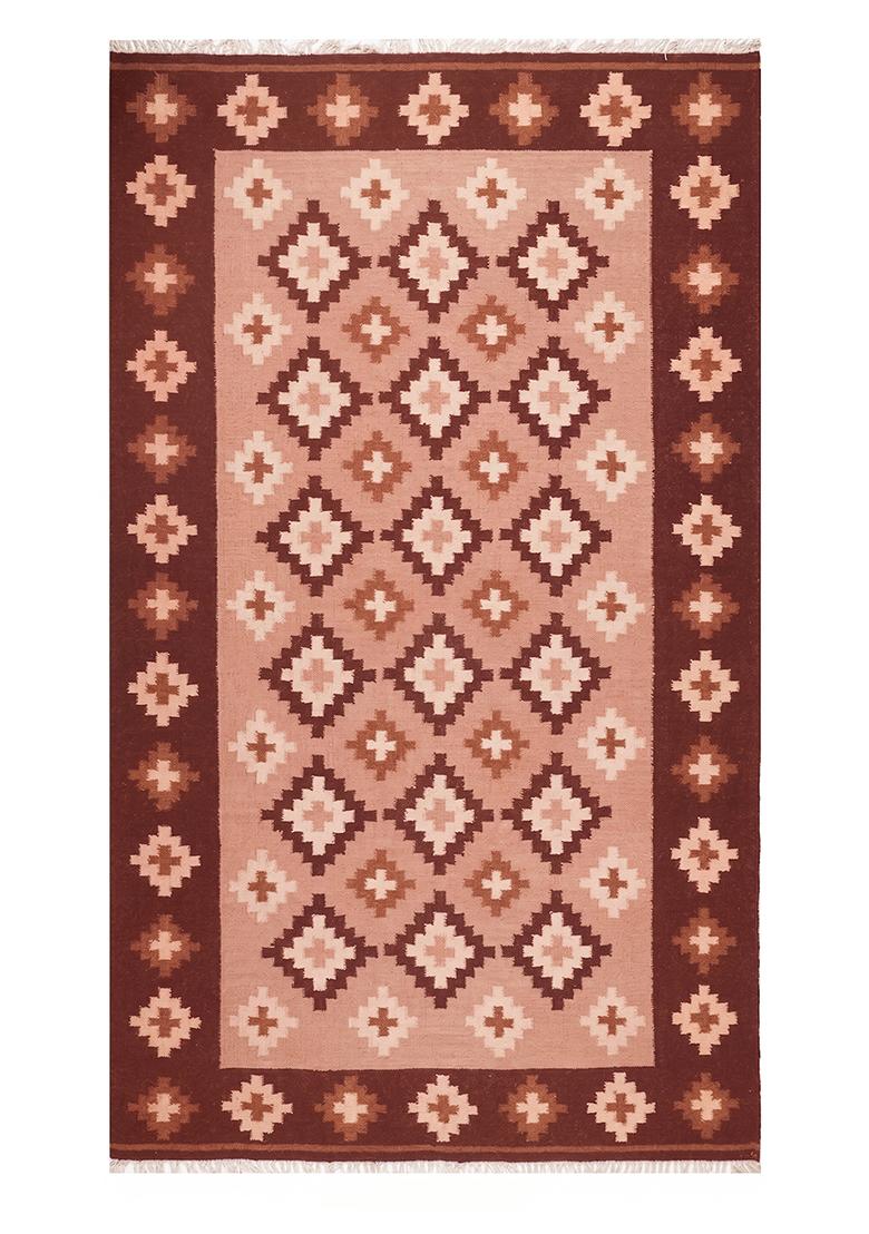 Saffron Rugs Flat Woven Maroon Pink Geometric Bohemian Rectangular Wool Area Rug - Indya