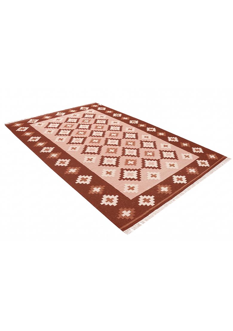 Saffron Rugs Flat Woven Maroon Pink Geometric Bohemian Rectangular Wool Area Rug - Indya