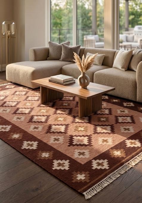 Saffron Rugs Flat Woven Maroon Pink Geometric Bohemian Rectangular Wool Area Rug