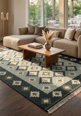 Saffron Rugs Flat Woven Dark Grey Green Geometric Bohemian Rectangular Wool Area Rug