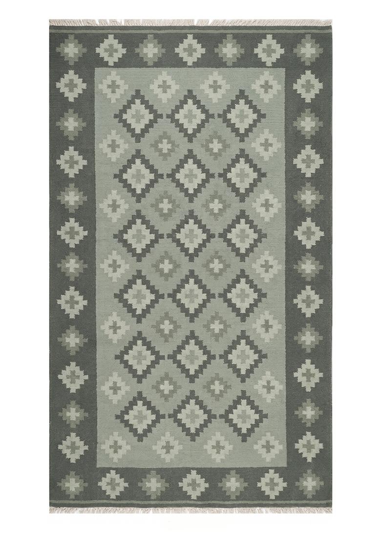Saffron Rugs Flat Woven Dark Grey Green Geometric Bohemian Rectangular Wool Area Rug - Indya