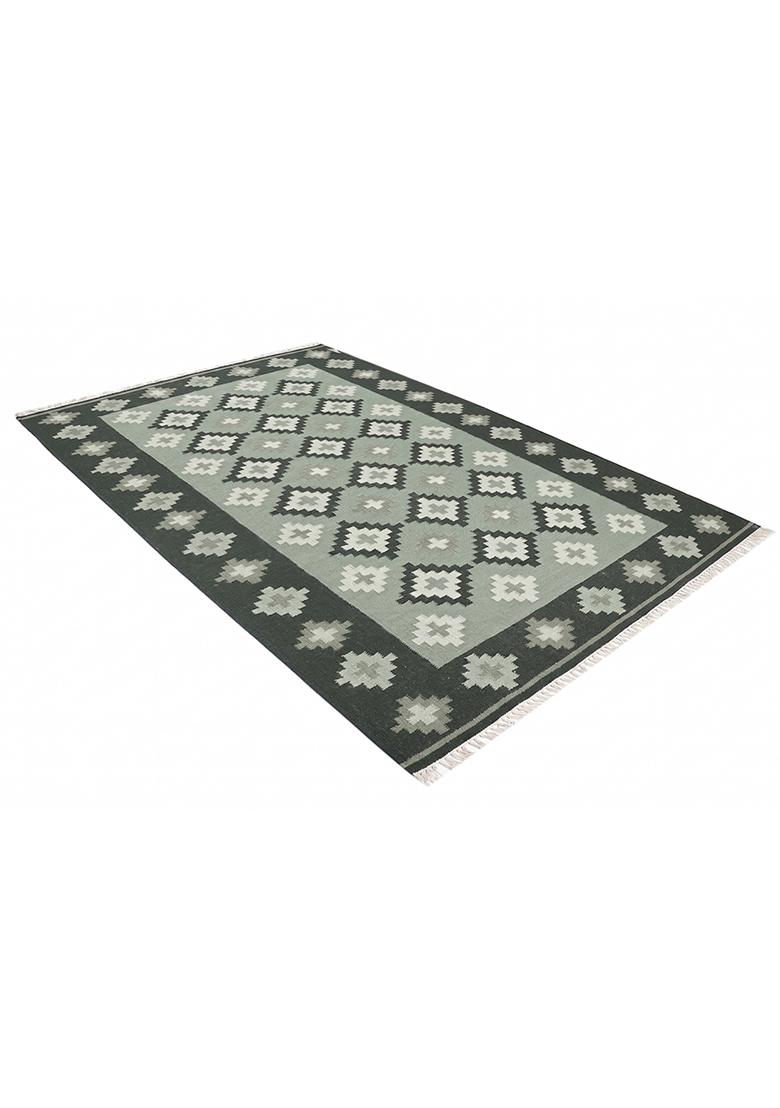 Saffron Rugs Flat Woven Dark Grey Green Geometric Bohemian Rectangular Wool Area Rug - Indya