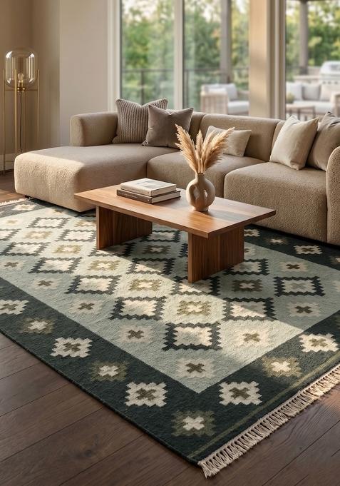 Saffron Rugs Flat Woven Dark Grey Green Geometric Bohemian Rectangular Wool Area Rug